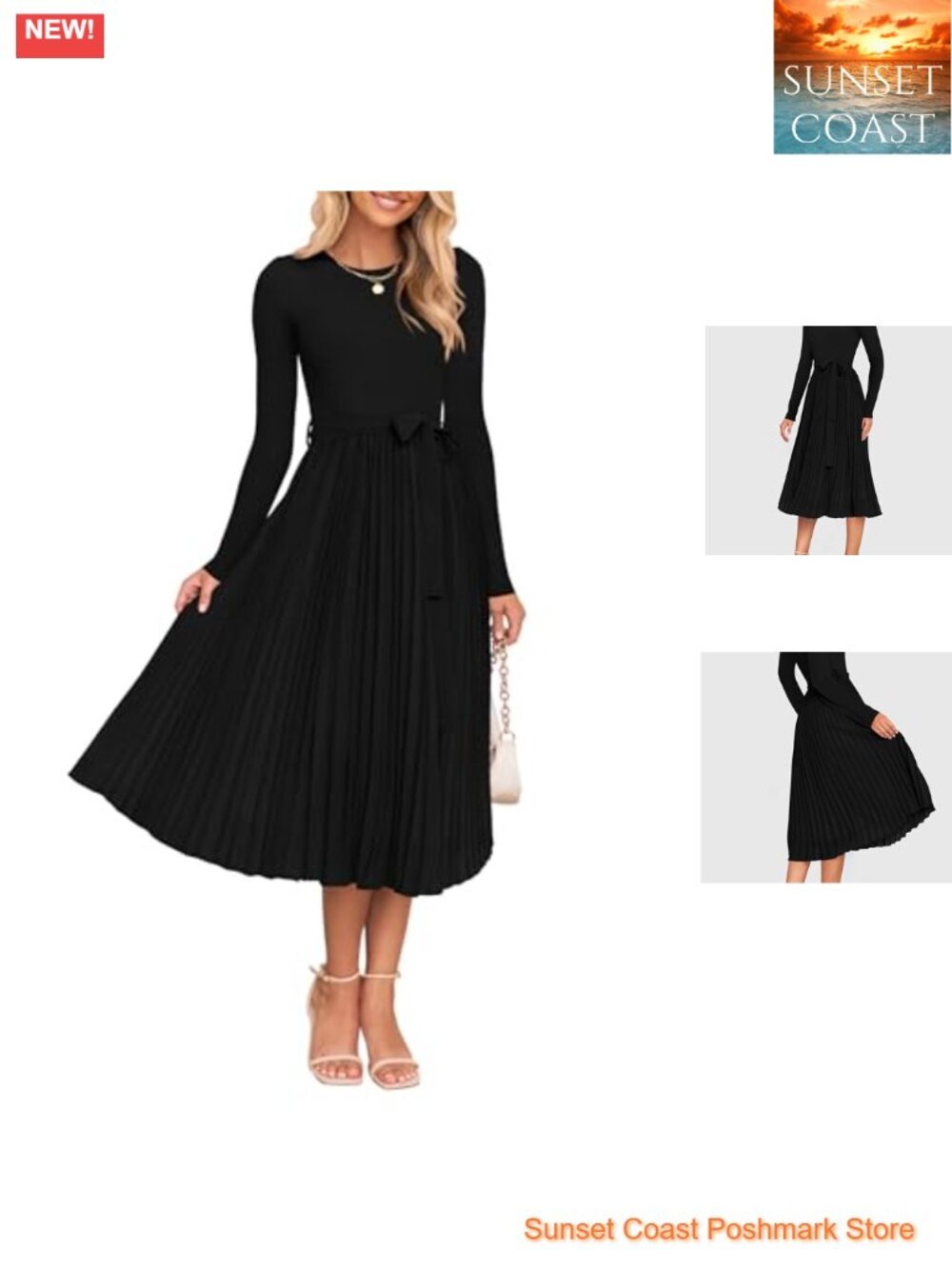 Women's Long Sleeve Pleated Knit Midi Sweater Dress A-Line